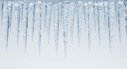 Frozen winter icicles isolated on white and blue backgrounds