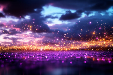 Sparkling droplets of light drifting through a dark, stormy sky with ethereal glows and purple clouds creating a magical and atmospheric scene
