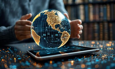 Person holding digital globe on tablet, futuristic scene - Powered by Adobe
