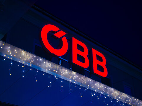 Villac, Carinthia, Austria - December 30th 2024 - OBB Austrian Railways logo on the front of the railway station