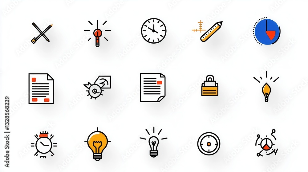 Poster a set of 15 minimalist outline icons representing various elements related to deadlines time managem