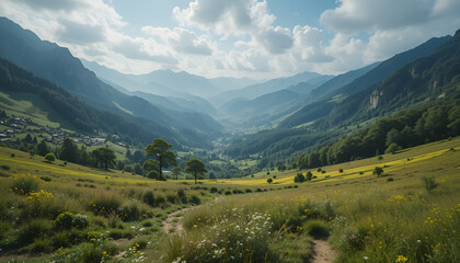 Fototapeta premium Summer Mountain Landscape in the Alps with Green Valleys, Snow-Capped Peaks, and Clear Sky
