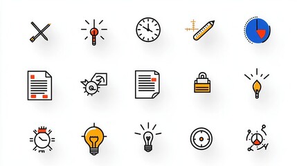 A set of 15 minimalist outline icons representing various elements related to deadlines time management and productivity