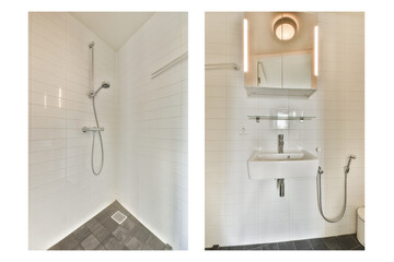 Contemporary shower space featuring sleek tile work and minimalistic fixtures. The bathroom design emphasizes cleanliness and modern aesthetics.