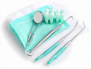 Organized dental tools & equipment in a clean dentistry office a top-down view of oral health care