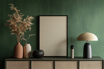 Mockup of blank canvas on console table with dried flowers, vase, lamp, and dark green wall.