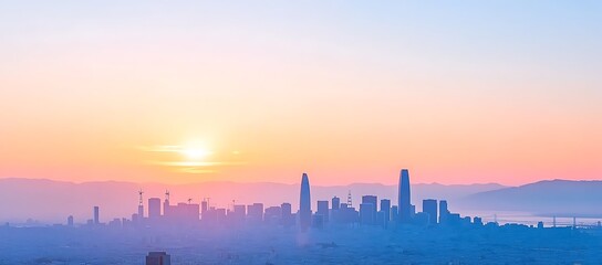 Fototapeta premium San Francisco Skyline at Sunset, Silhouetted Against a Pastel Sky