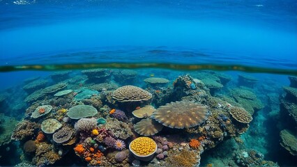 Generative A.I. captures a mesmerizing underwater world with a diver exploring vibrant coral reefs, colorful fish, and deep blue waters illuminated by sunlight filtering through the ocean surface