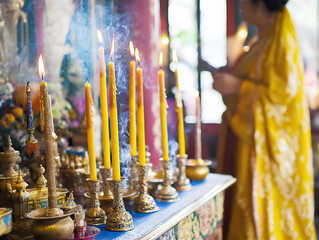 Rows of ornate candles in a sacred space, creating a spiritual atmosphere with golden candlesticks and warm, glowing illumination symbolizing prayer and contemplation.