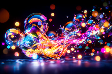 Vibrant glowing orbs of light swirling in perfect harmony, creating mesmerizing patterns like a choreographed dance of fluid motion and energy