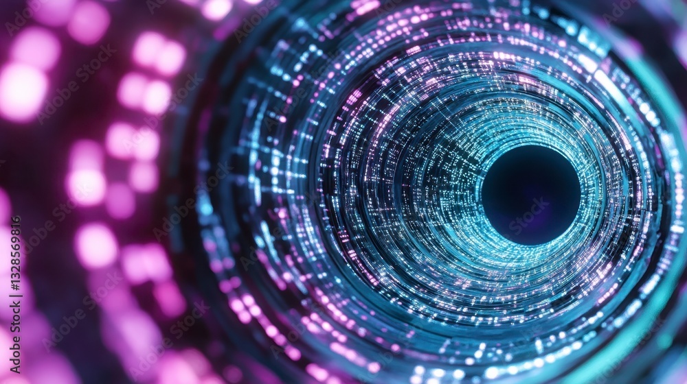 Poster abstract background with glowing purple and blue particles swirling in a circular motion, creating a