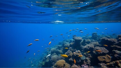 Generative A.I. captures a mesmerizing underwater world with a diver exploring vibrant coral reefs, colorful fish, and deep blue waters illuminated by sunlight filtering through the ocean surface