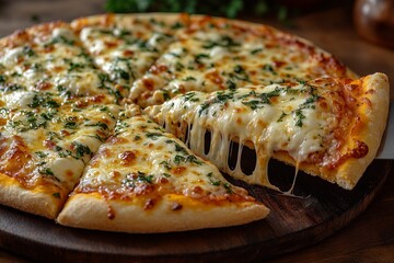 A delicious pizza slice with tasty cheese falling from 