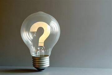 Another glowing light bulb with a question mark, positioned in a minimalist setting, highlighting the power of questioning and exploring innovative concepts.