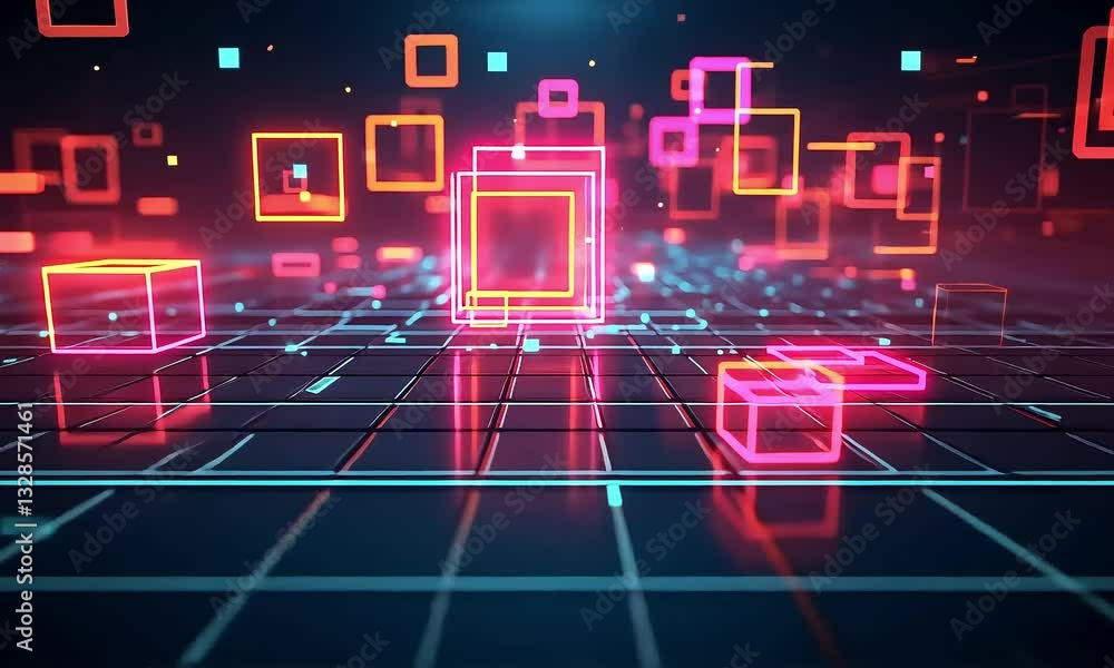Poster neon cubes digital network data flow abstract visualization