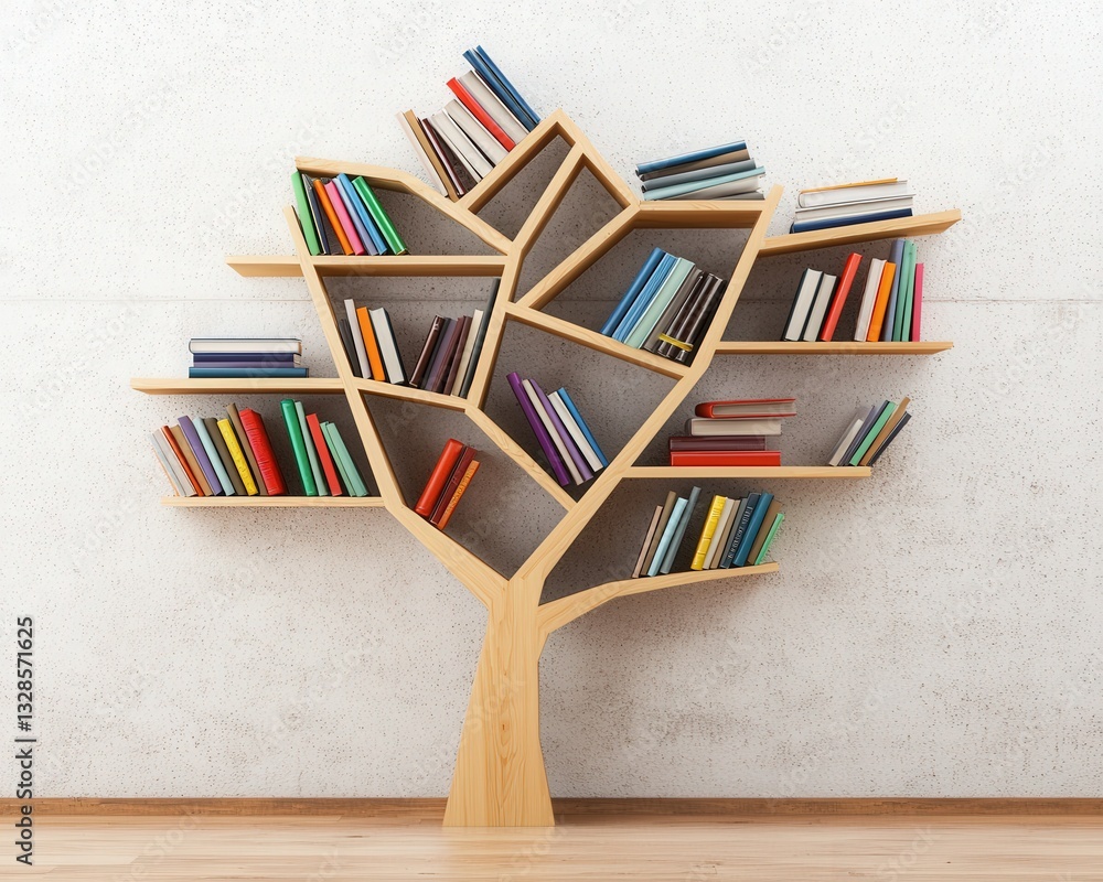 Poster a bookshelf shaped like a tree with each branch bearing different genres.