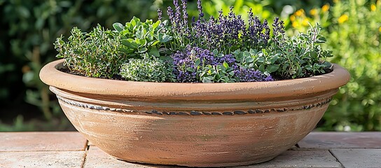 Various herbs are planted in a wide terracotta pot