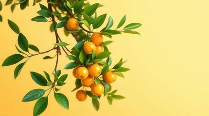 Fresh Orange Fruits with Green Leaves on Bright Yellow Background