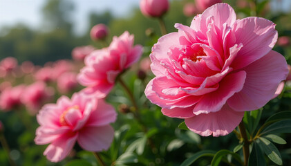 Fototapeta premium Beautiful blooming pink peonies in a sunny garden setting