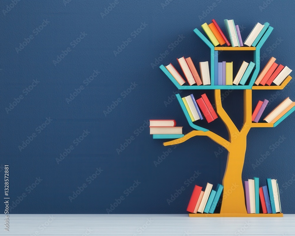 Poster a bookshelf shaped like a tree with each branch bearing different genres.