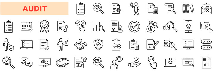 Audit and Compliance Line Icons Set – Financial Review, Risk Assessment, Quality Control, Verification, Business Inspection, Compliance Check, Data Analysis, Certification