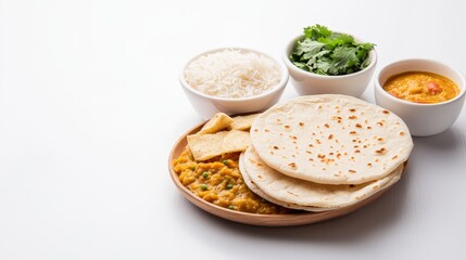A delicious indian vegetarian platter featuring rice, dal, sabzi, roti, and papad served on a beautifully arranged plate
