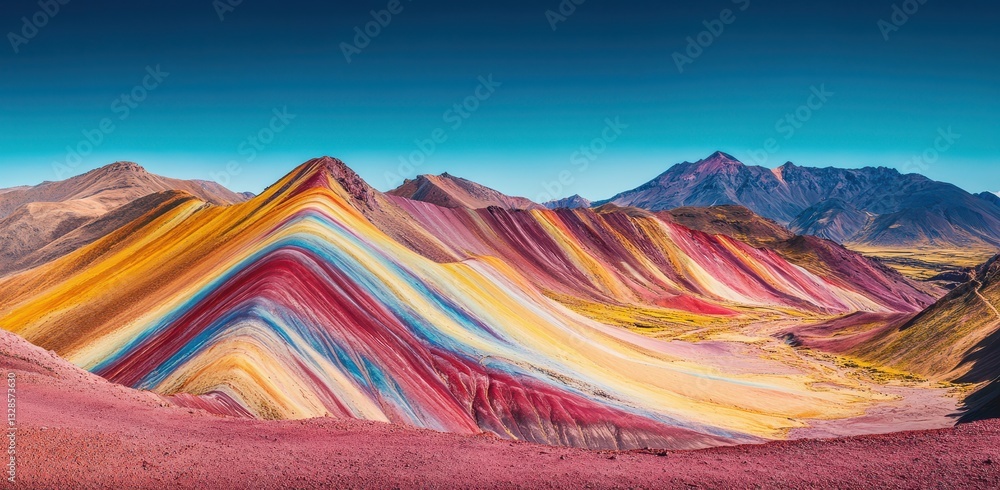 Poster breathtaking view of colorful mountain landscape with striking patterns and unique terrain in bright