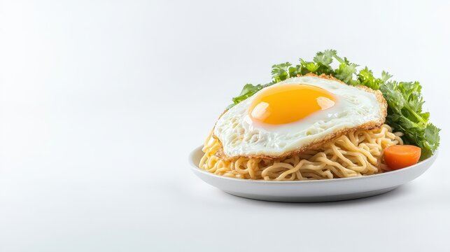 An irresistible plate of indonesian mie goreng stir-fried noodles garnished with a perfectly cooked sunny-side up egg