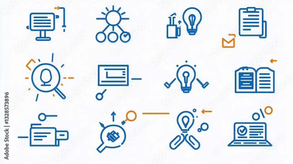 Poster a collection of 15 clean and simple outline icons representing various collaborative and organizatio