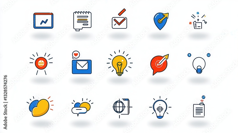 Poster a set of clean and minimalist outline icons representing various digital marketing concepts and stra