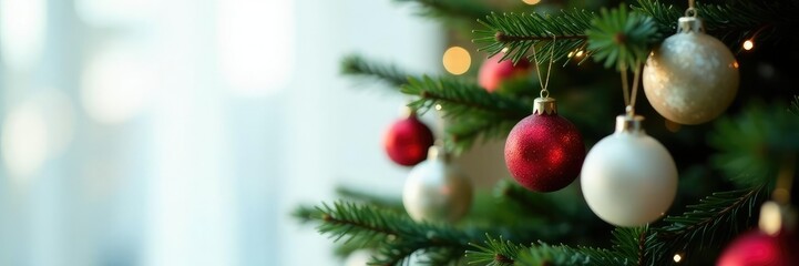 Fototapeta premium Colorful festive red and white glass ornaments hung on the branches of a tall evergreen tree, hang, holiday, white
