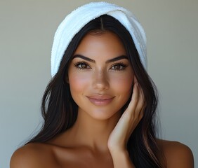 Obraz premium gorgeous Latina woman with her hand on her face, wrapped in a white towel, showcasing glowing skin with skincare products