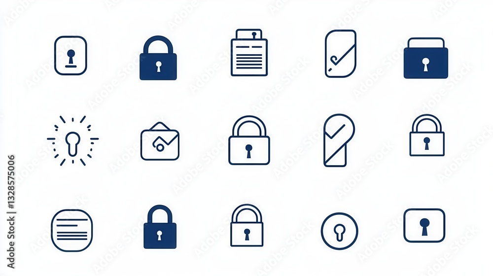 Poster a set of 15 crisp and clean padlock outline icons depicting various security and access control conc