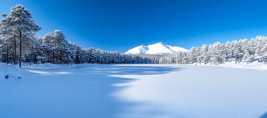 Snowy landscape featuring a frozen lake forest and mountain