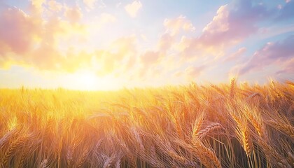 A golden wheat field swaying in the breeze under summer sky