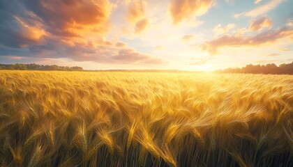 A golden wheat field swaying in the breeze under summer sky
