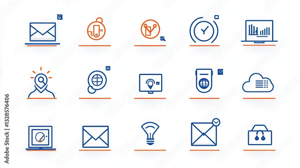 Poster a collection of 15 clean and minimalist outline icons representing essential digital tools and techn