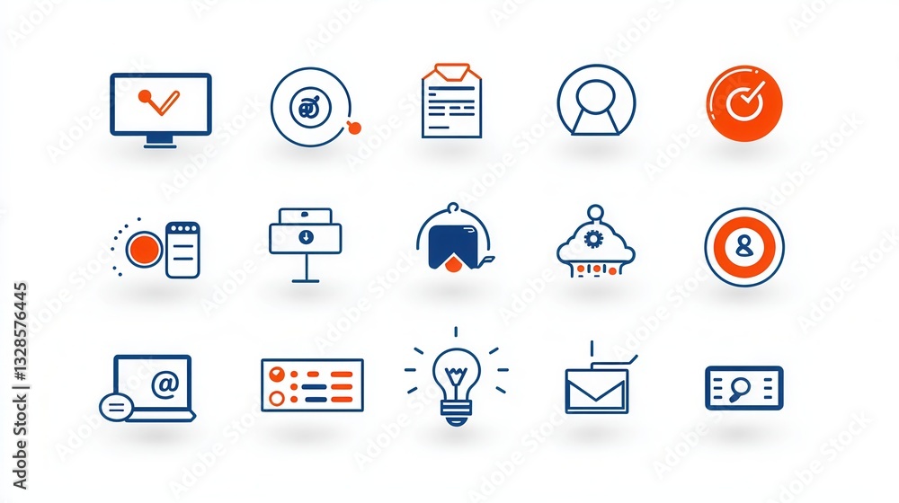 Poster a set of 15 minimalist and visually appealing website outline icons depicting various digital tools 