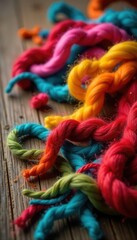 Colorful wool fibers scattered on a wooden table, fiber, fabric