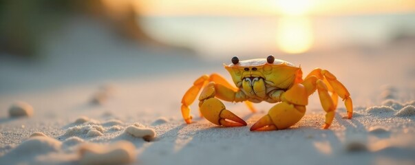 Colorful yellow crab scuttles across sandy dunes at dawn, warm, crab