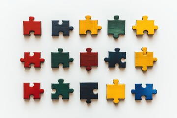 Naklejka premium Colorful wooden puzzle pieces arranged neatly on a light background.