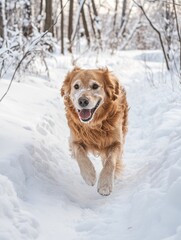 Golden Retriever Running Snowy Winter Trail.