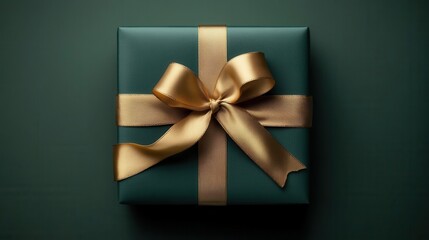Elegant gold-bowed green gift box on dark background