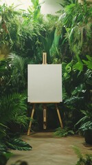 Blank canvas on wooden easel surrounded by lush green tropical plants, creating a serene and natural setting. Soft lighting enhances the overall mood.