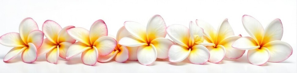 Fototapeta premium Delicate frangipani flowers in full bloom on a white background, delicate, frangipani