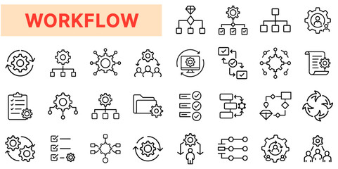 Workflow and Process Management Line Icons Set – Automation, Task Flow, Business Operations, Project Planning, Process Optimization, Productivity, System Efficiency