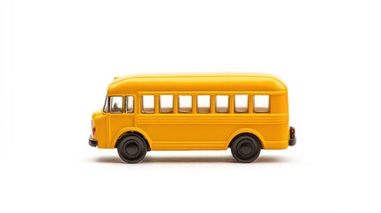 Yellow school bus toy, side view, isolated on white background.