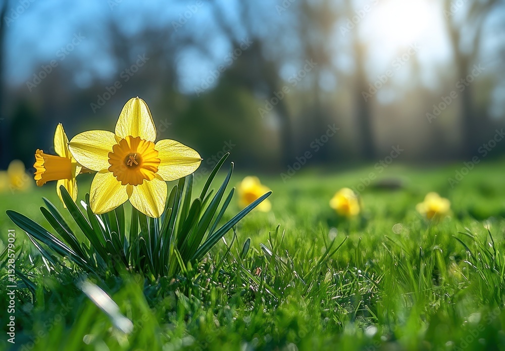 Poster bright yellow daffodils blooming in a sunlit green field with soft bokeh background near trees in ea