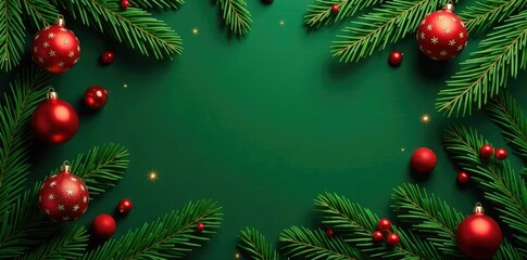 Evergreen branches decorated with festive ornaments against a dark green background, winter wonderland, forest theme