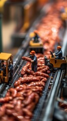 Close-up of toy figurines managing sausages on a miniature production line, showcasing a whimsical and detailed industrial scene.